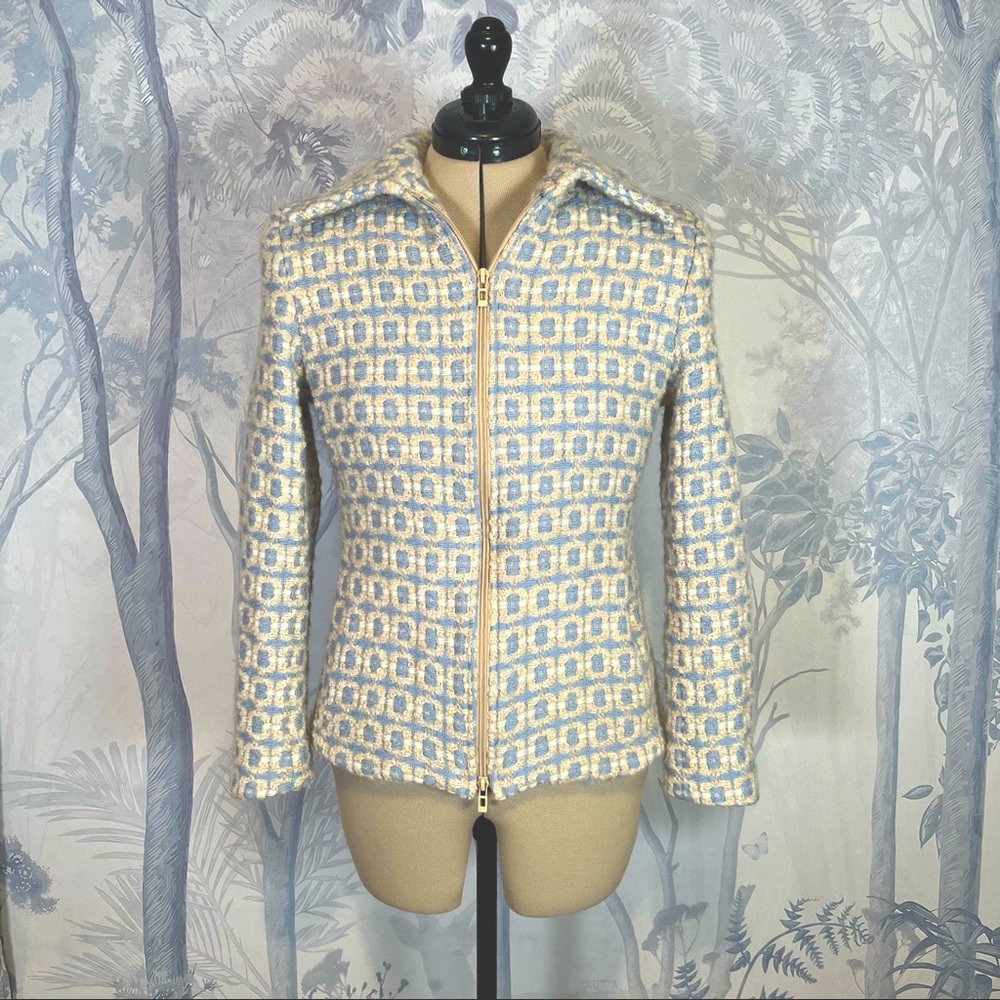 Vintage Juliana Collezione Light Blue Cream Checkered Geometric Wool Jacket 6
